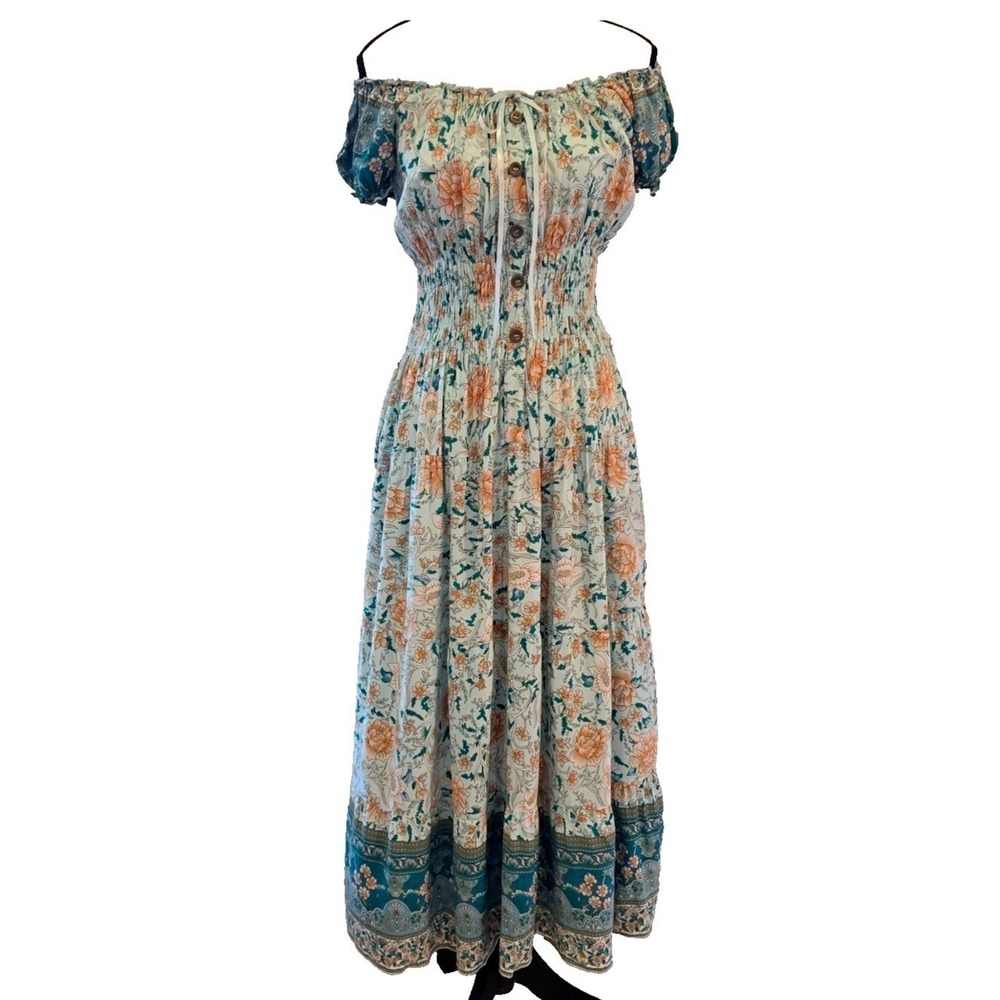 Ostoo Boho Floral Maxi Dress Small Smocked Waist Off Shoulder Cottagecore Mint